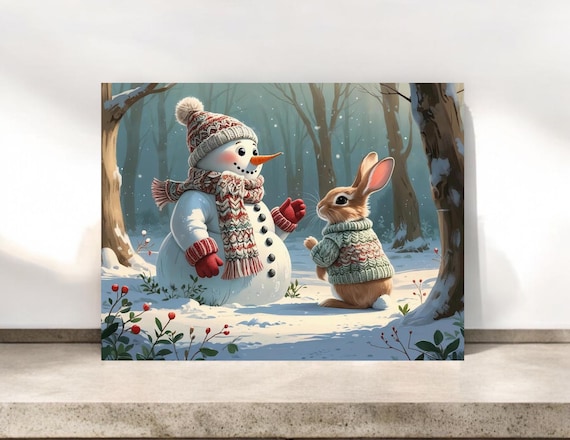 Woodland Christmas Notecard Set: Snowman & Rabbit Holiday Greetings