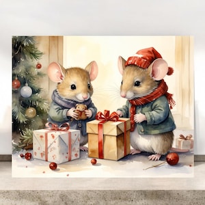 May include: Watercolor painting of two mice dressed for the holidays. One mouse holds a small teddy bear, the other is opening a gift. Both mice wear coats, scarves, and hats. A Christmas tree and wrapped gifts are in the background.