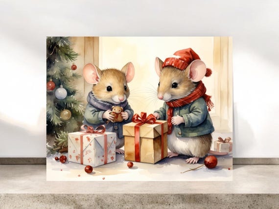 Mouse and Presents Christmas Notecards, Whimsical Christmas Mice