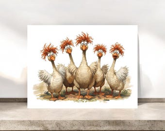 Tarjetas de felicitación con un grupo de gansos extravagantes, artículos de papelería con gansos caprichosos