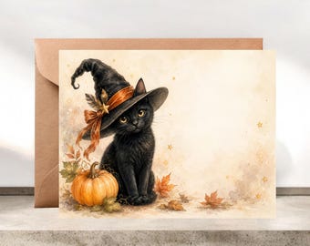 Witchy Black Cat Halloween Card, Halloween Greeting Card or Party Invitation