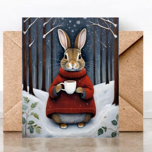 Cartes de correspondance café matin lapin, cartes humoristiques, papeterie lapin blanc d'hiver, coffret cadeau