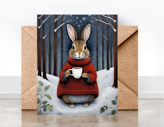 Winter Morning Rabbit with Coffee Greeting Card |  Whimsical Nature Notecard | Coffee Morning Bunny