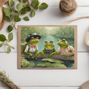 May include: Three green frogs wearing hats and clothing sit on a log over a pond. The frog on the left is wearing a brown hat and a white shirt with a bow tie. The frog in the middle is wearing a green hat and a green shirt. The frog on the right is wearing a blue hat and a white shirt with a pink vest.