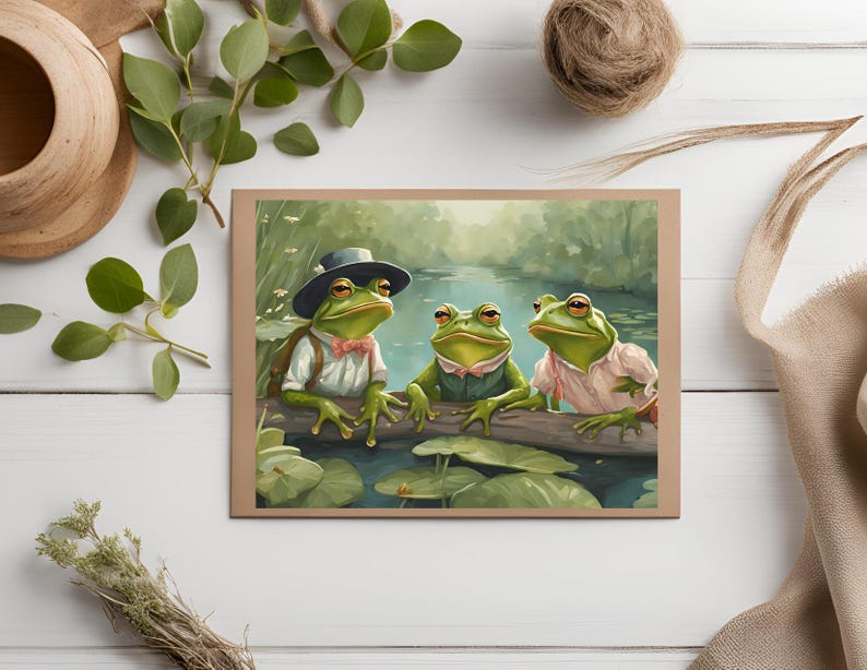 May include: Three green frogs wearing hats and clothing sit on a log over a pond. The frog on the left is wearing a brown hat and a white shirt with a bow tie. The frog in the middle is wearing a green hat and a green shirt. The frog on the right is wearing a blue hat and a white shirt with a pink vest.