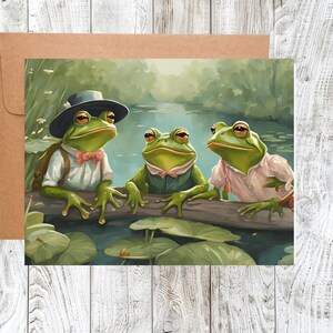 May include: Three frogs wearing hats and bow ties sit on a log over a pond. The frogs are green with brown eyes and are looking at the viewer. The pond is surrounded by green lily pads.