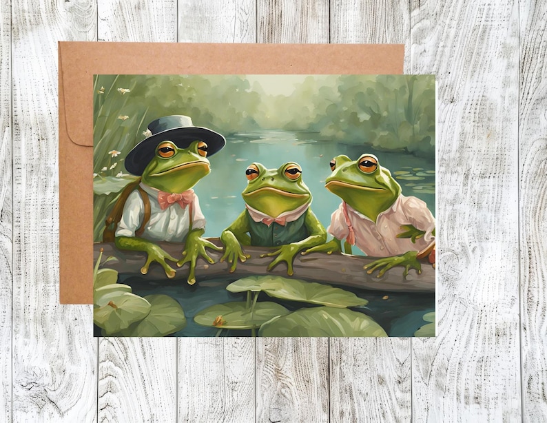 May include: Three frogs wearing hats and bow ties sit on a log over a pond. The frogs are green with brown eyes and are looking at the viewer. The pond is surrounded by green lily pads.