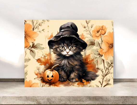 Witch Cat Blank Notecards with Envelopes, Folded Notecards, Halloween Black Cat Cards, Halloween Card Sets, Witchy Cat Cards
