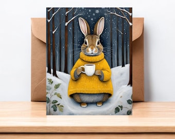 Yellow Sweater Rabbit Greeting Card |  Whimsical Nature Notecard | Bunny Notecard | #089-A