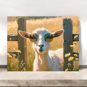 May include: A whimsical painting of a white goat wearing round sunglasses, standing near a wooden fence. The goat is the focal point, set against a backdrop of yellow flowers and a sunny field. The artwork has a soft, painterly style.