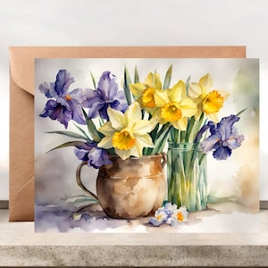 Watercolor Floral Notecards: Daffodil & Iris Bouquet Stationery Set
