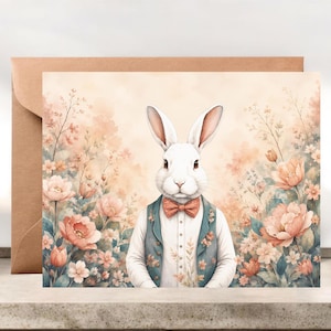Whimsical White Rabbit Blank Easter Card, Set of 10 Cottagecore Bunny Note Cards #024