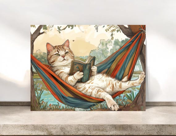 Cat Notecards – Whimsical Feline Hammock Blank Greeting Cards Set for Cat Lovers, Storybook Cat Illustration Stationery, Animal Art Card