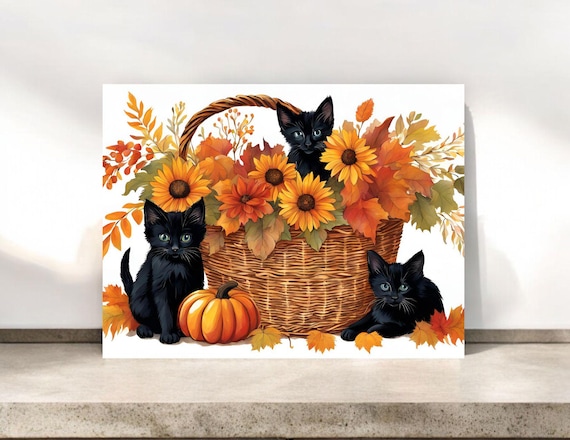 Fall Kittens and Flowers Notecards: Autumn Halloween Stationery