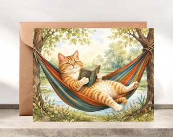 Whimsical Cat in Hammock Blank Greeting Card #039