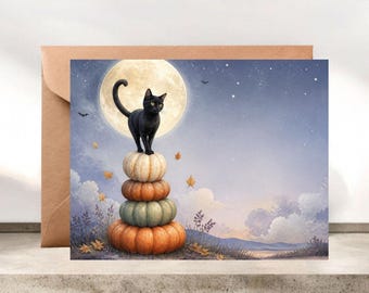 Black Cat on Pumpkin Stack Halloween Card, Halloween Party Invitation #138