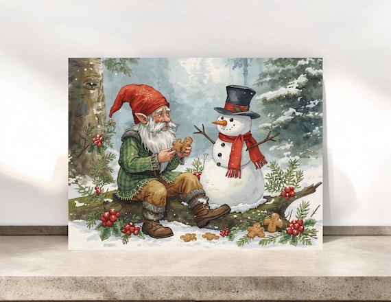 Whimsical Gnome and Snowman Christmas Card, Storybook Christmas, Holiday Note Cards