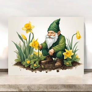Tarjetas con sobres con un gnomo de jardín verde entre narcisos, papelería natural, tarjetas con gnomos extravagantes, tarjetas de agradecimiento, tarjetas para cualquier ocasión