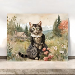 Wenskaart fantasiekat in Cottagecore-stijl, grillige kattenkunst, blanco notitiekaart, perfect voor kattenliefhebbers, briefpapier fantasienatuur