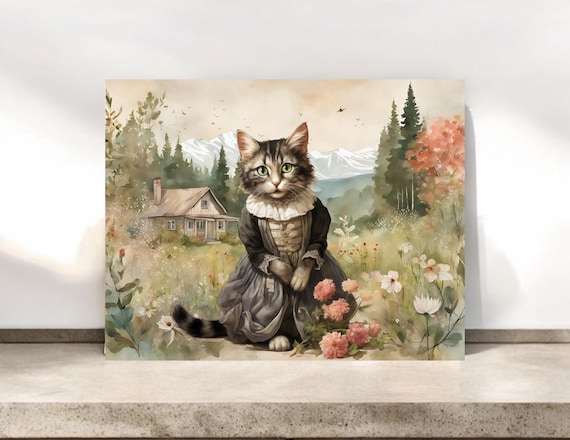 Cottagecore Cat Greeting Card: Whimsical Fantasy Art Notecard