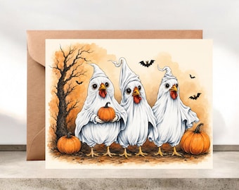 Chicken Ghosts Whimsical Halloween Card #081