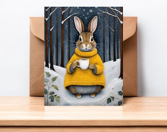 Whimsical Rabbit in Yellow Sweater Greeting Card #090