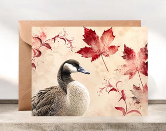 Fall Canada Goose and Leaves Notecard, Fall Stationery #022