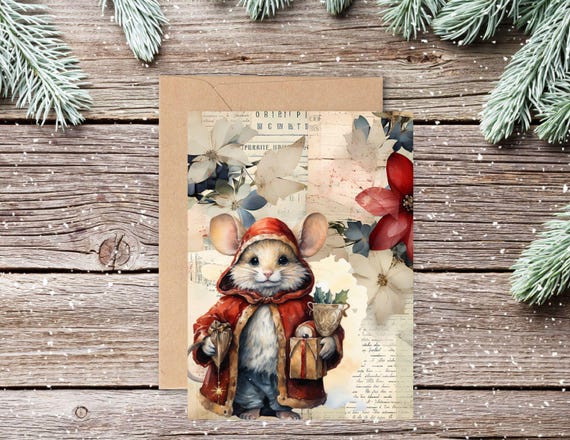 Whimsical Christmas Mouse Notecard Set, Blank Christmas Notecards or Invitations