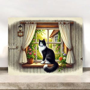 Tuxedo Cat Greeting Card, Whimsical Cat Art, Blank Notecard, Perfect for Cat Lovers, Cat Stationery, Cat in the Window Card