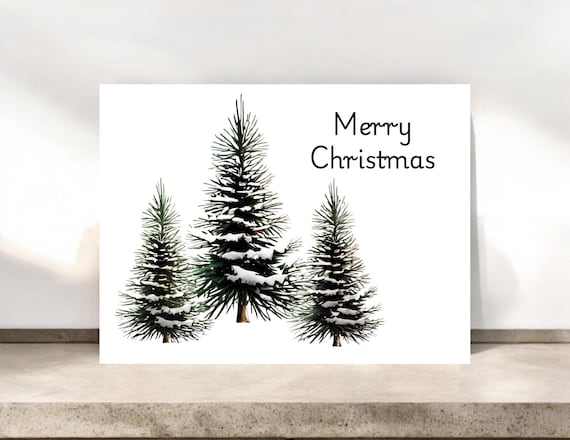 Snow Covered Trees Minimalist Christmas Card, Christmas Greeting Stationery