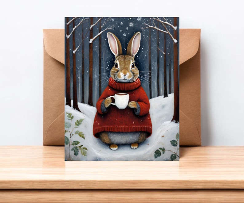 Tarjeta de felicitación de conejo de mañana de invierno / Tarjeta de notas de naturaleza caprichosa / N.° 089 imagen 1