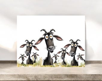 Tarjetas en blanco de una manada de cabras divertidas, papelería de cabras, tarjetas divertidas de cabras