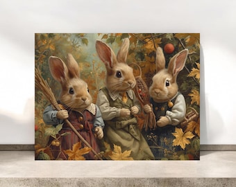 Tarjeta de felicitación con 3 conejitos / Tarjeta de felicitación con temática de bosque / Tarjeta de conejos de otoño / Interior en blanco