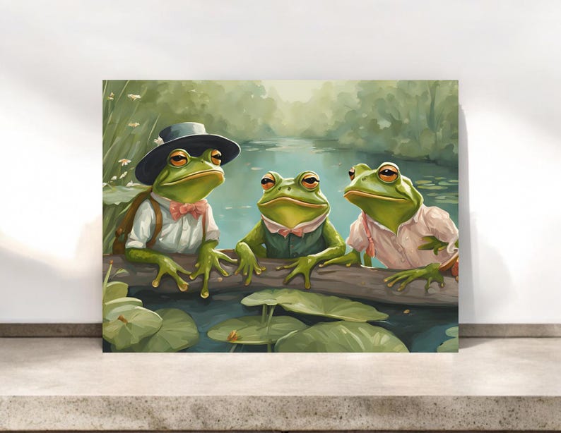 May include: Three green frogs sitting on a log in a forest setting. The frog on the left is wearing a black top hat and a white shirt with a bow tie. The frog in the middle is wearing a green shirt with a white bow tie. The frog on the right is wearing a pink shirt with a white collar.
