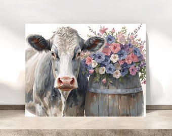 Tarjeta de felicitación con vaca y flores / Tarjetas de felicitación con motivos de granja / Papelería con diseño de vaca / Interior en blanco
