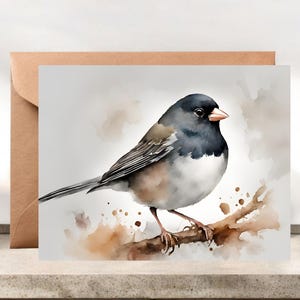 May include: A greeting card featuring a watercolor illustration of a dark-eyed junco bird perched on a brown branch. The bird has a dark gray head, a white chest, and light brown wings. A plain brown envelope is positioned behind the card.