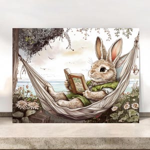 Cartes de correspondance fantaisistes de lapin dans un hamac, illustration d'animaux fantastiques de livre de contes, cartes de correspondance de lapin, jeu de papeterie vierge, cartes pour enfants