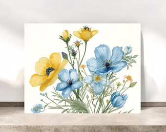 Tarjeta de notas con flores azules y amarillas / Tarjeta de felicitación de naturaleza / Tarjetas de notas de naturaleza / N.° 122
