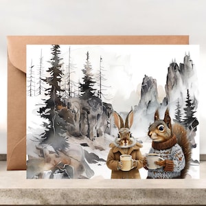 Set of 10 Morning Coffee Notecards, Nature-Inspired Stationery Set, Whimsical Wildlife & Woodland Design #084