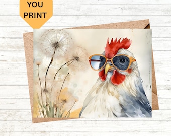 Tarjeta de felicitación imprimible con diseño de pollo genial / Descarga instantánea / Tarjeta digital con diseño de pollo original