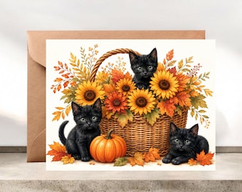 Black Kittens in Basket of Orange Flowers Halloween Card #067
