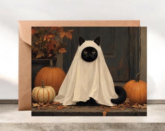 Black Cat Halloween Card, Blank Greeting Card with Envelope   #311