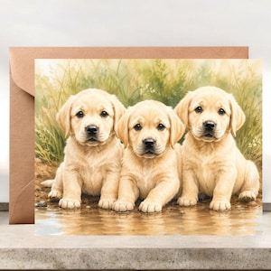 Puede incluir: Una tarjeta de felicitación con una ilustración en acuarela de tres cachorros de Labrador retriever de color dorado claro sentados uno al lado del otro en agua poco profunda con hierba verde de fondo, acompañada de un sobre de papel marrón.