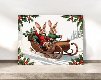 Tarjetas navideñas de inspiración vintage: Conejos divertidos en trineo / #083