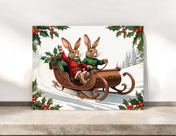 Vintage-Inspired Christmas Notecards: Humorous Rabbits on Sleigh Ride Holiday Greeting Cards