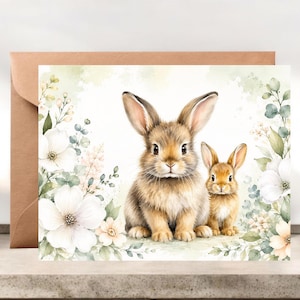 Cute Bunny Blank Note Cards with Envelope Choice, Rabbit Stationery  #026