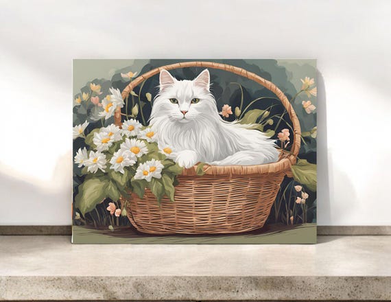 White Cat in Basket Notecard Set: Long Haired Cat Stationery