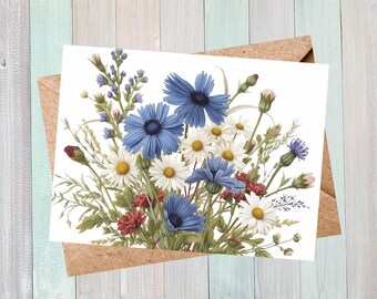 Tarjetas de notas con flores silvestres: acianos, margaritas y trébol rojo. Tarjetas de felicitación con interior en blanco. Papelería floral versátil.