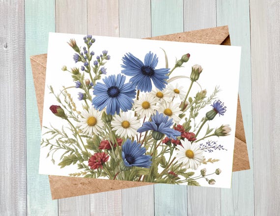 Wildflower Notecards – Cornflowers, Daisies & Red Clover – Blank Inside Greeting Cards – Versatile Floral Stationery Gift