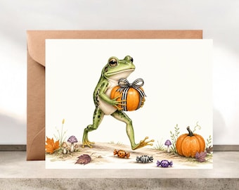 Tall Frog Delivering Pumpkin Halloween Fall Card #087